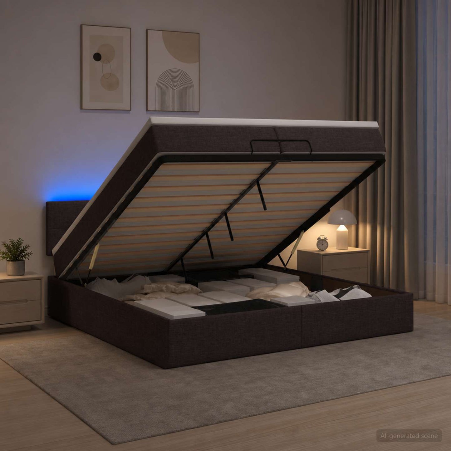 Letto Ottomano con Materasso e LED Marrone Scuro 200 x 200 cm | homemem39