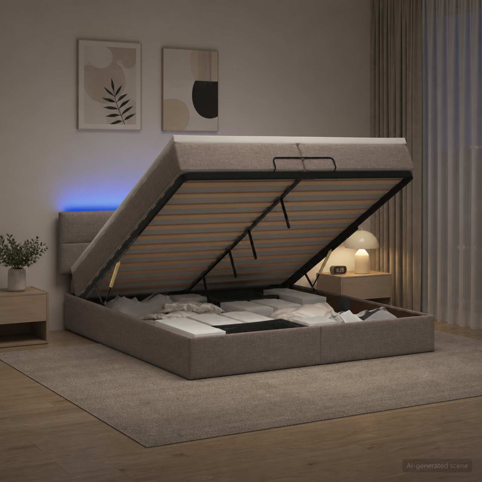 Letto Ottomano con Materasso e LED Tortora 200 x 200 cm Tessuto | homemem39