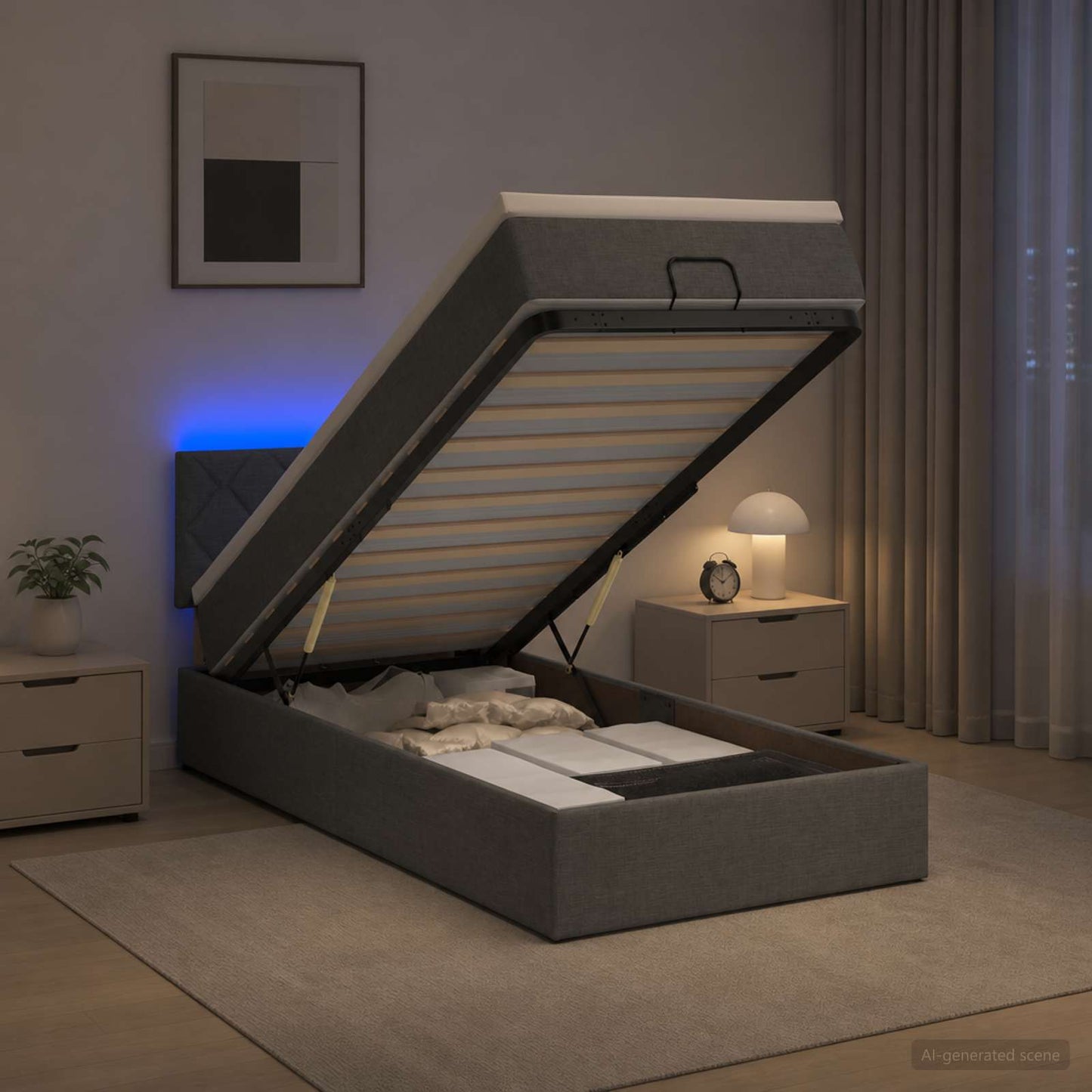 Letto Ottomano con Materasso e LED Grigio Scuro 100 x 200 cm