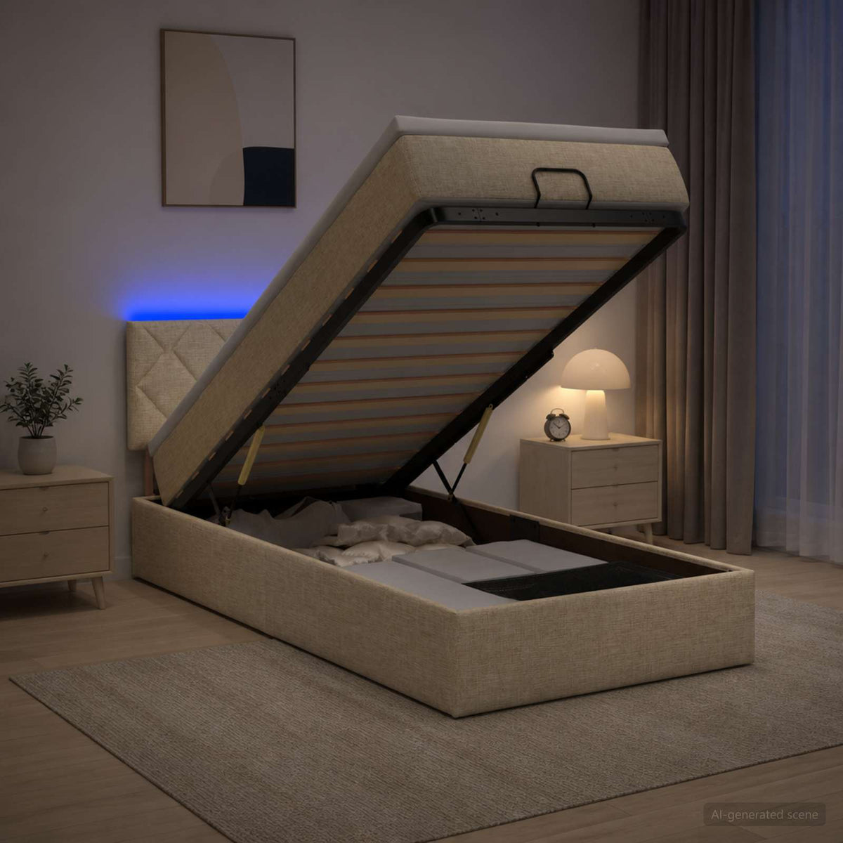 Letto Ottomano con Materasso e LED Crema 100 x 200 cm Tessuto | homemem39