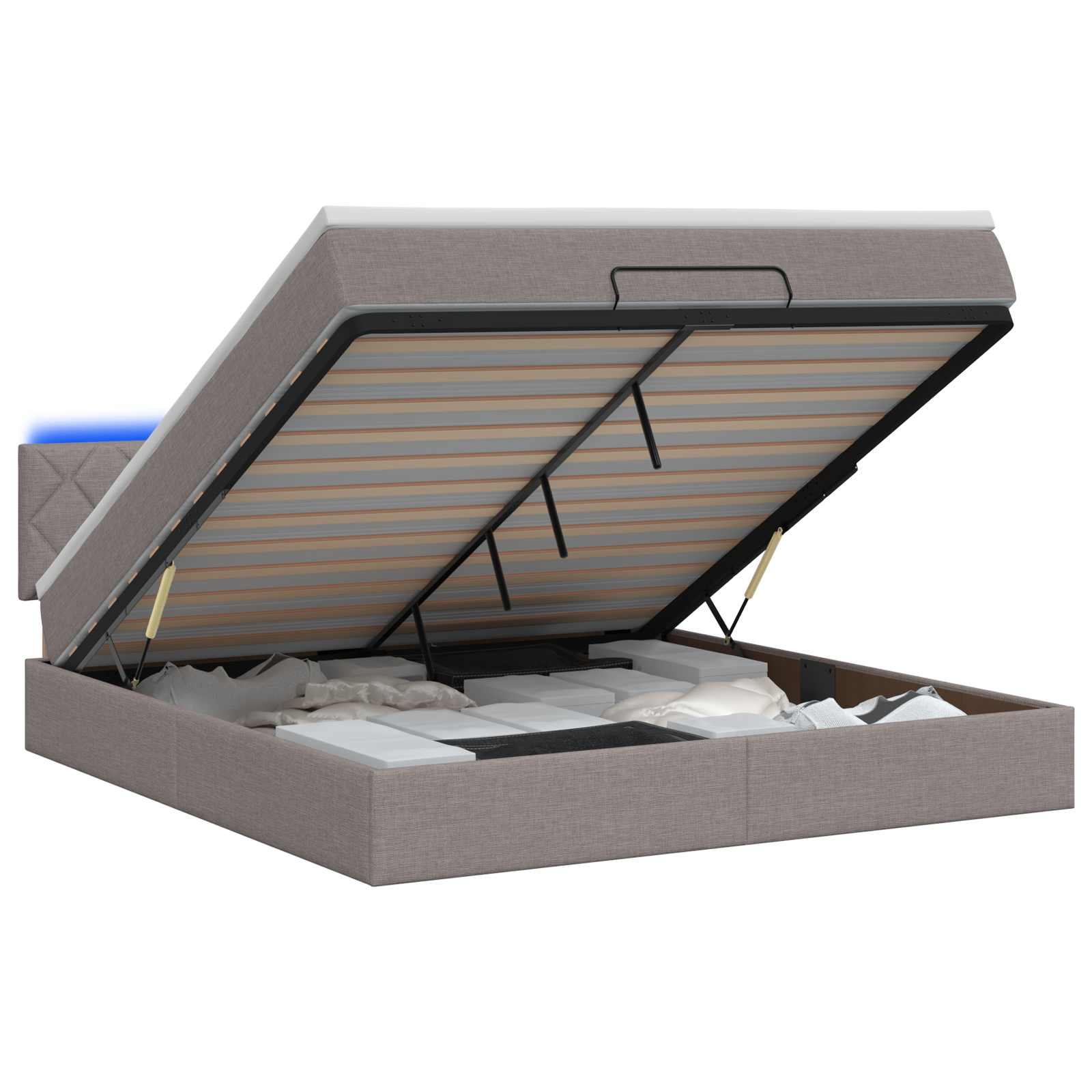 Letto Ottomano con Materasso e LED Tortora 140 x 200 cm Tessuto | homemem39