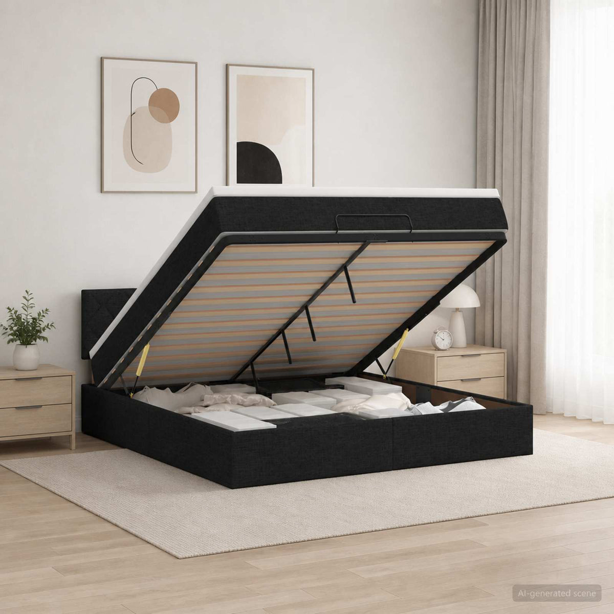 Letto Ottomano con Materasso e LED Nero 180 x 200 cm Tessuto | homemem39