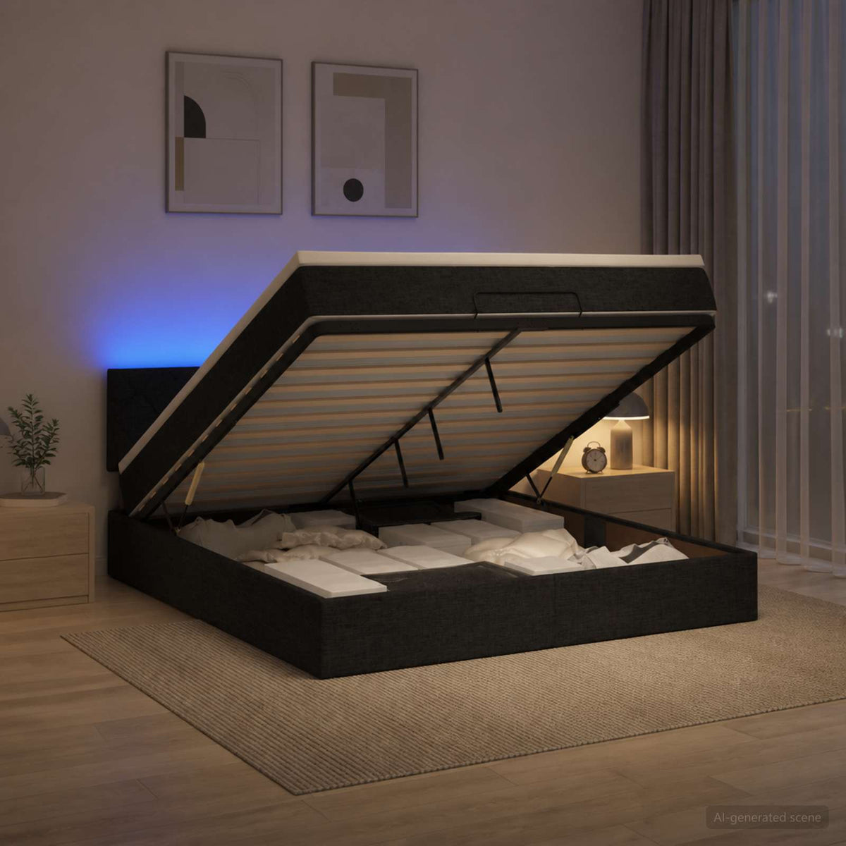 Letto Ottomano con Materasso e LED Nero 180 x 200 cm Tessuto