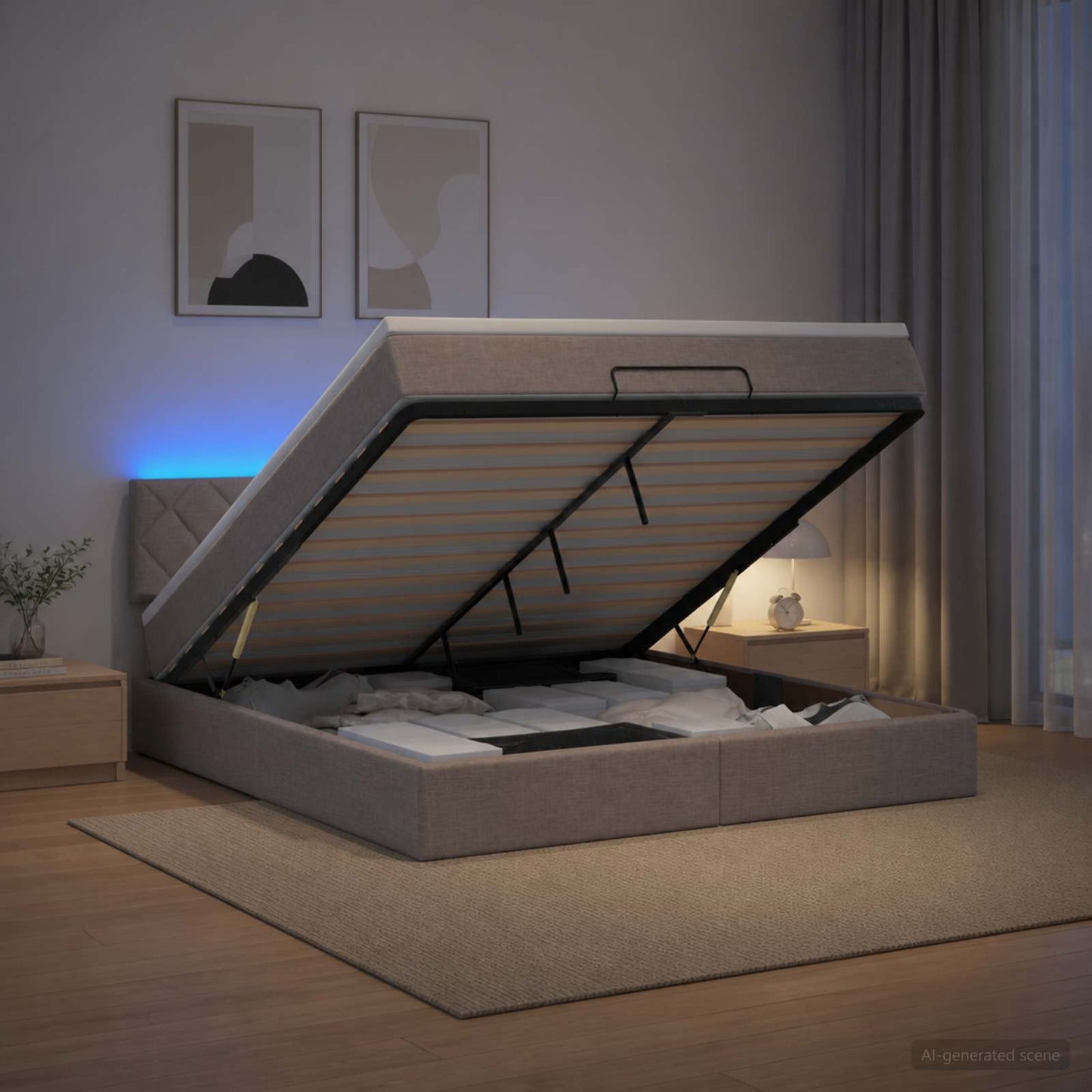 Letto Ottomano con Materasso e LED Tortora 140 x 200 cm Tessuto | homemem39