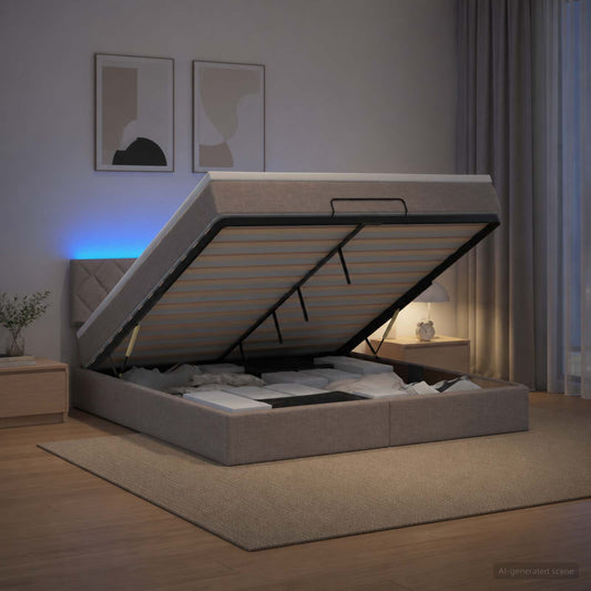 Letto Ottomano con Materasso e LED Tortora 140 x 200 cm Tessuto | homemem39