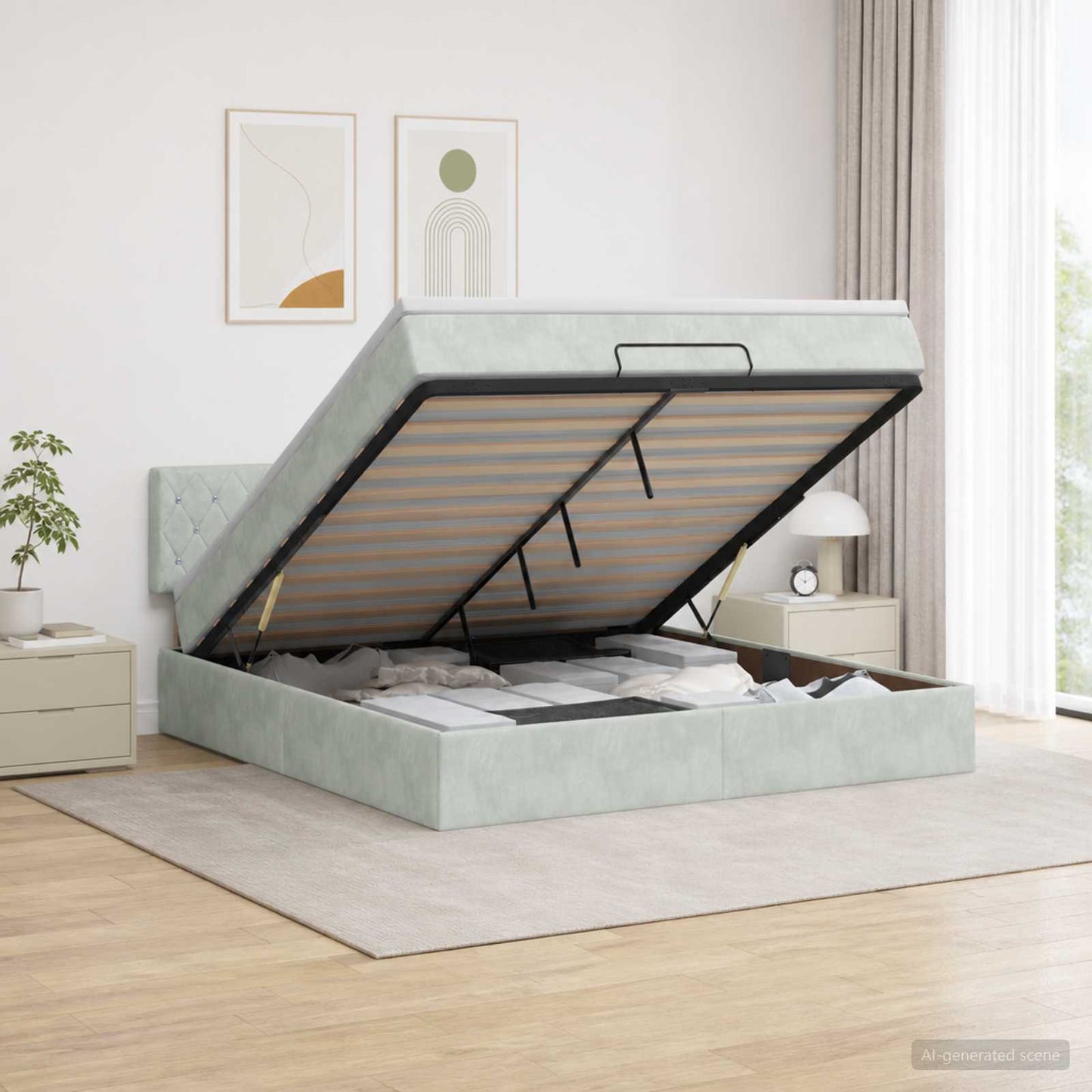 Letto Ottomano con Materasso e LED Grigio Chiaro 140 x 190 cm