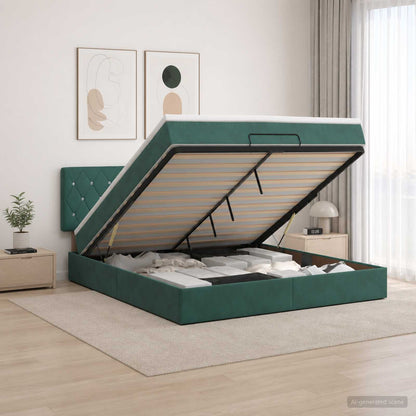 Letto Ottomano con Materasso e LED Verde Scuro 140 x 190 cm