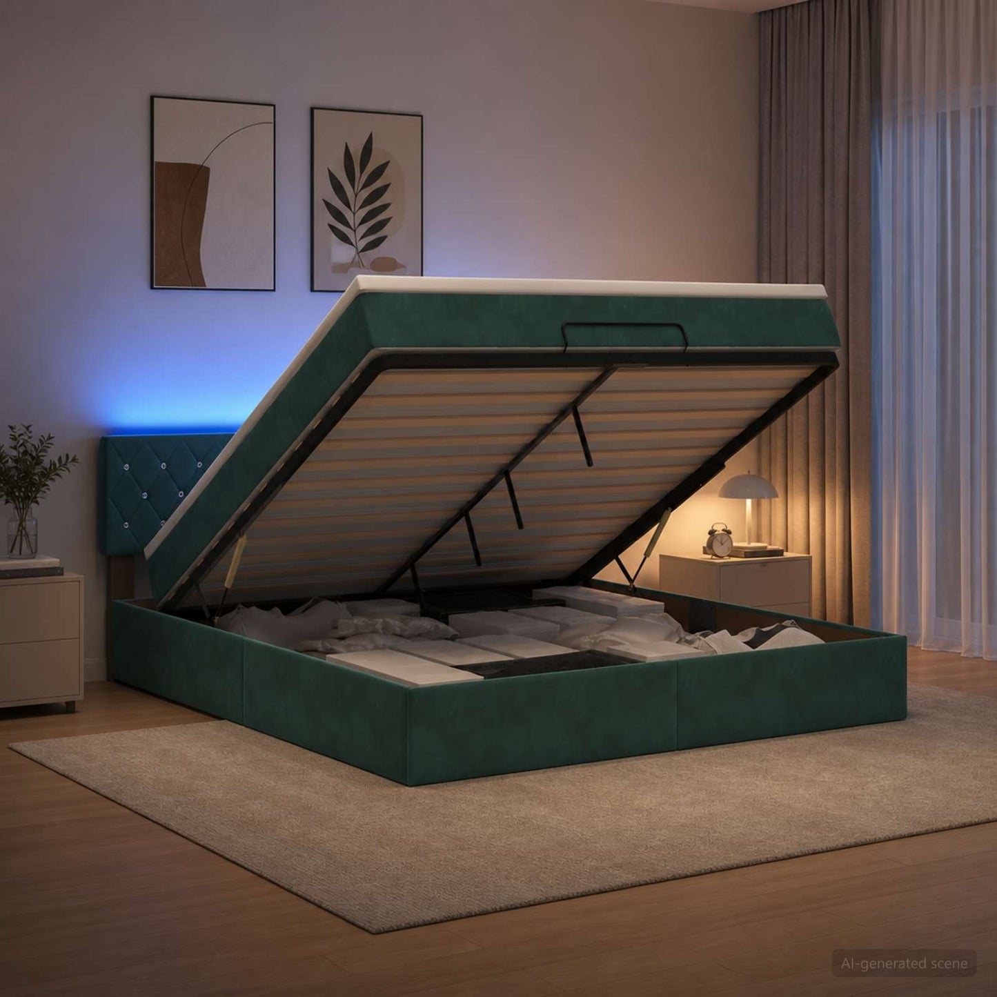 Letto Ottomano con Materasso e LED Verde Scuro 140 x 200 cm