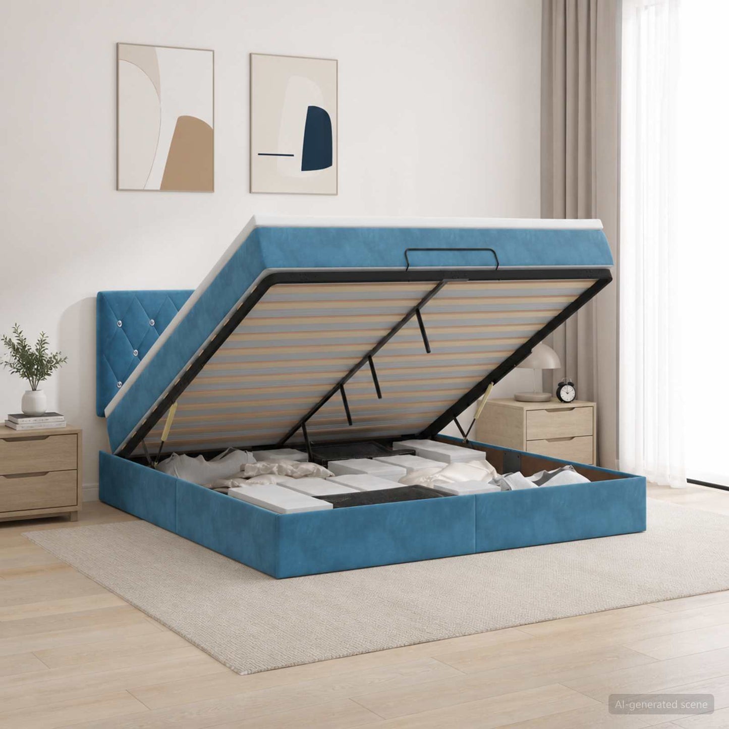 Letto Ottomano con Materasso e LED Blu scuro 140 x 190 cm