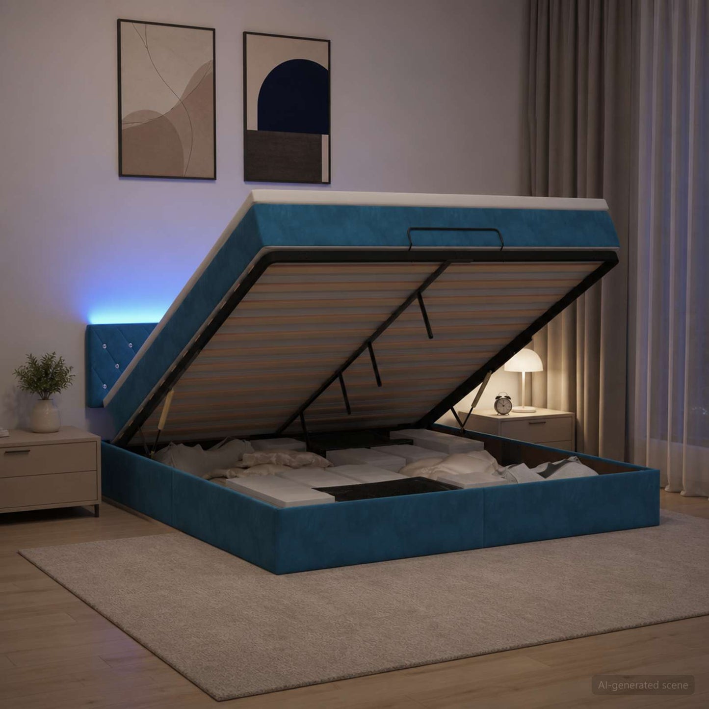 Letto Ottomano con Materasso e LED Blu scuro 140 x 190 cm