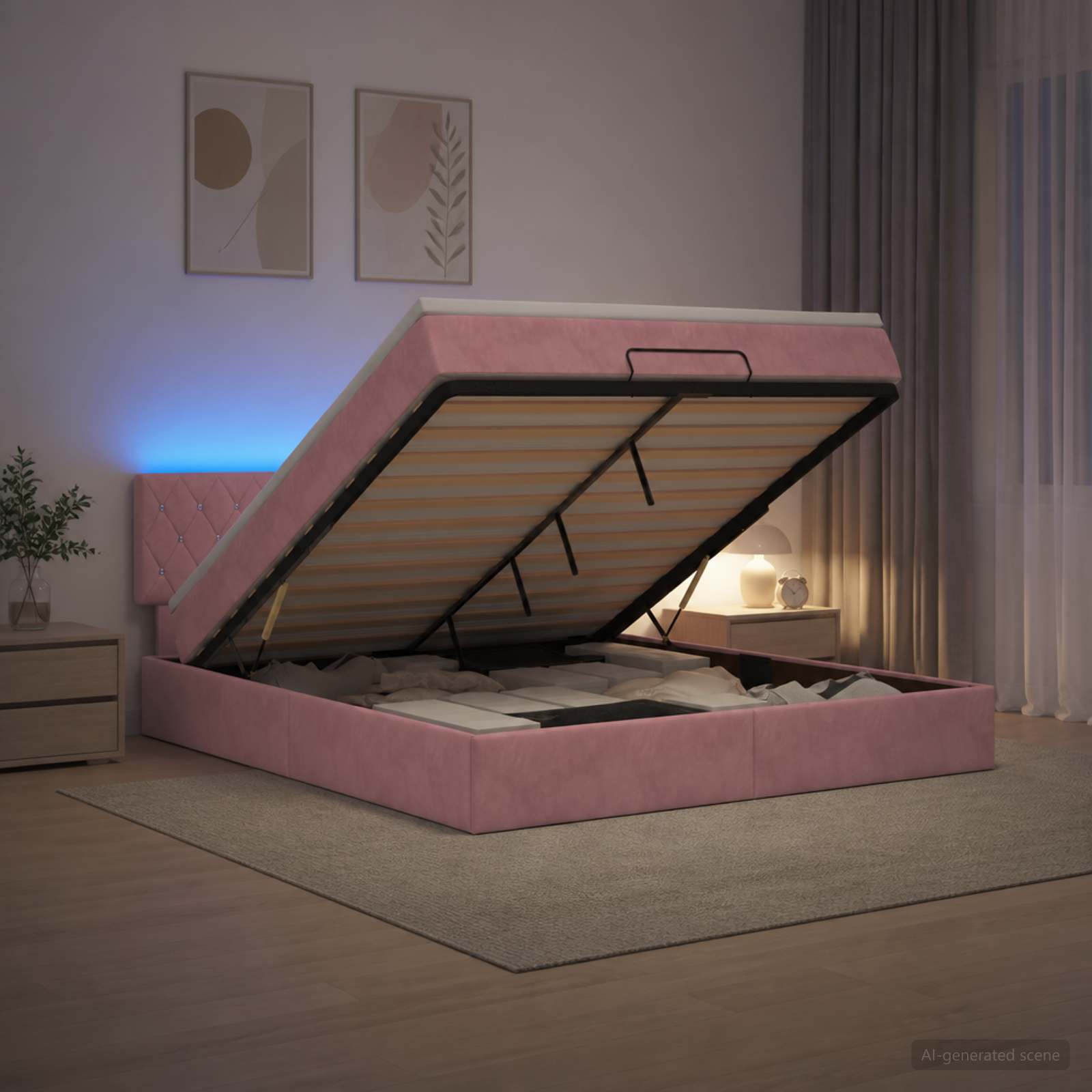 Letto Ottomano con Materasso e LED Rosa 140 x 190 cm Velluto | homemem39
