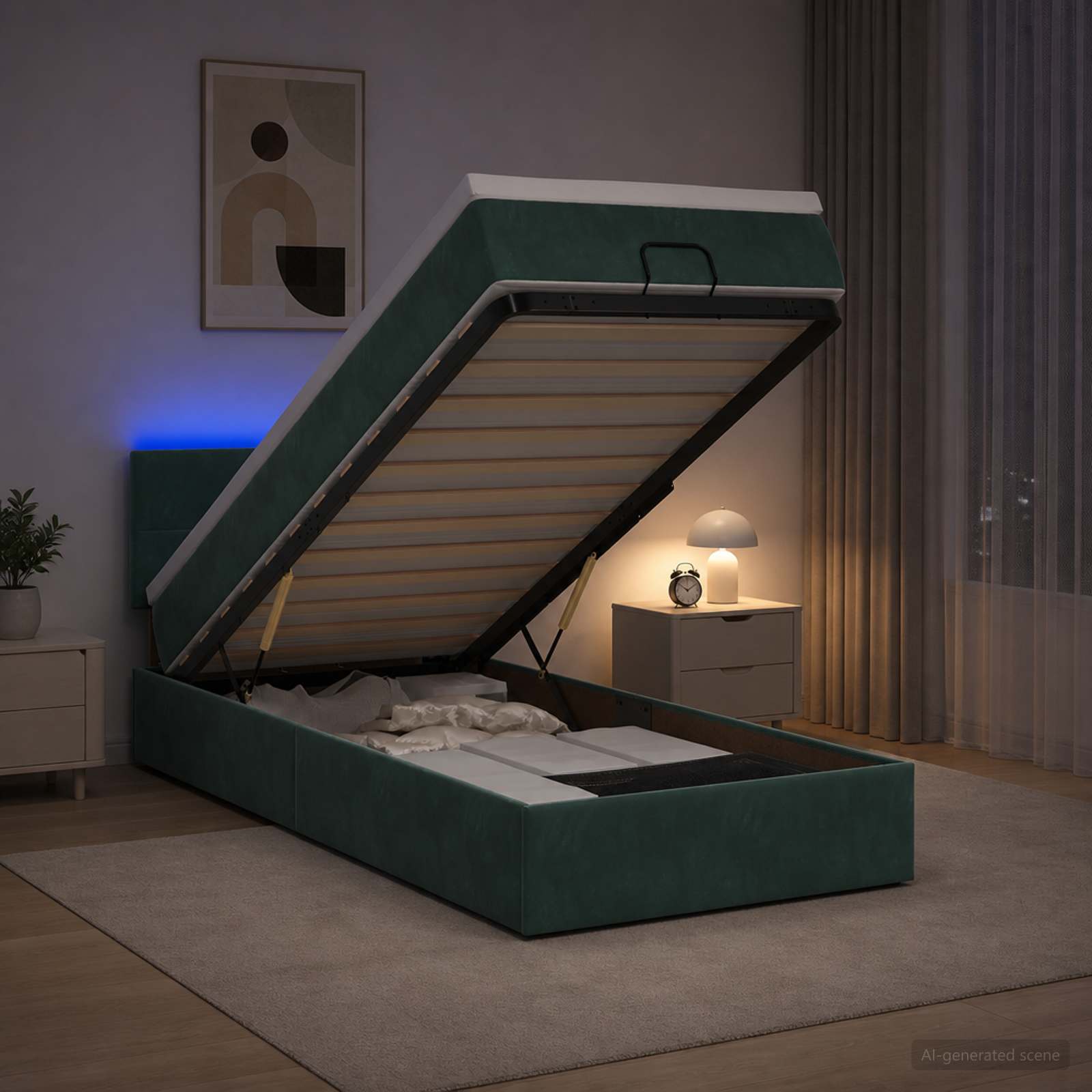 Letto Ottomano con Materasso e LED Verde Scuro 100 x 200 cm | homemem39