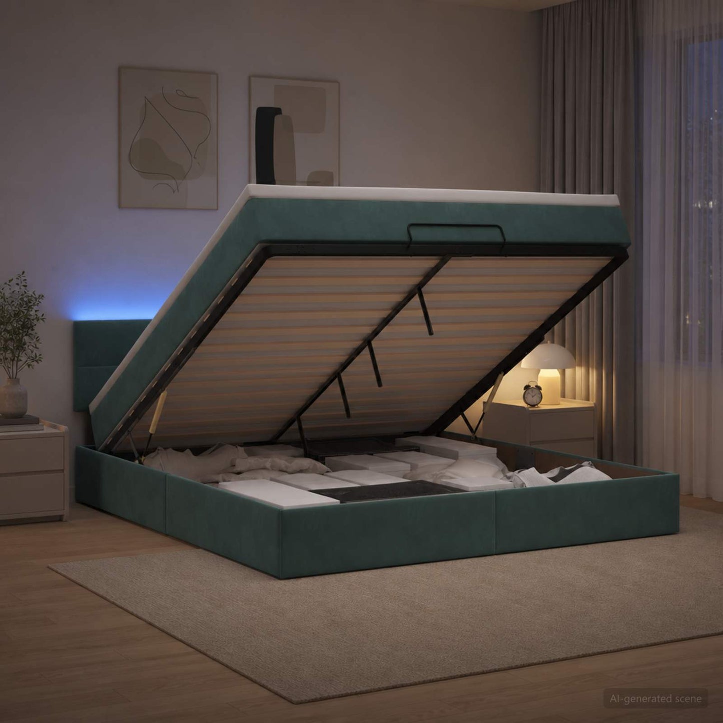 Letto Ottomano con Materasso e LED Verde Scuro 140 x 200 cm