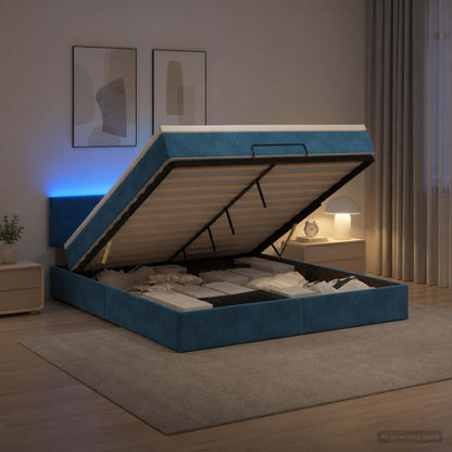 Letto Ottomano con Materasso e LED Blu scuro 160 x 200 cm