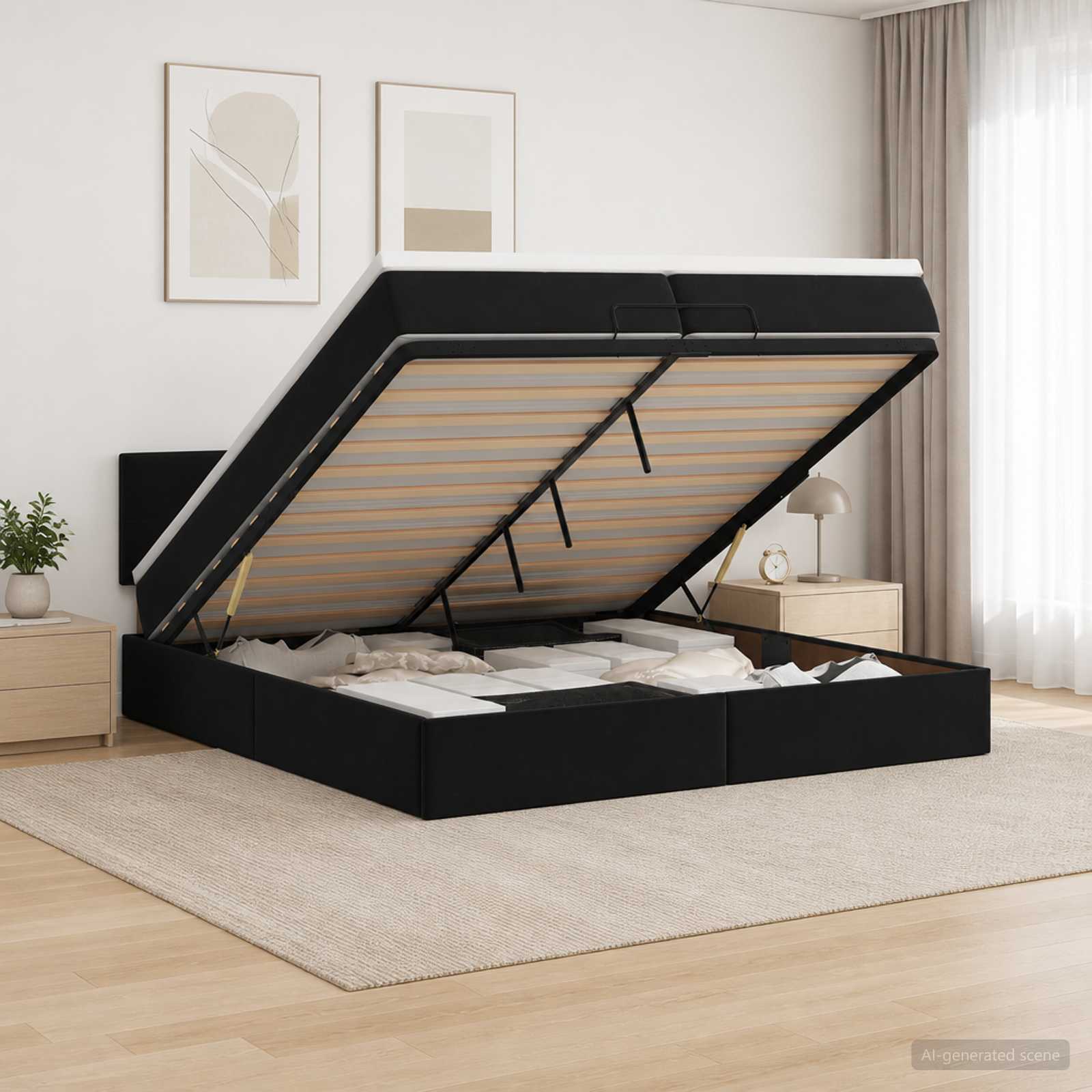 Letto Ottomano con Materasso e LED Nero 200 x 200 cm Velluto | homemem39