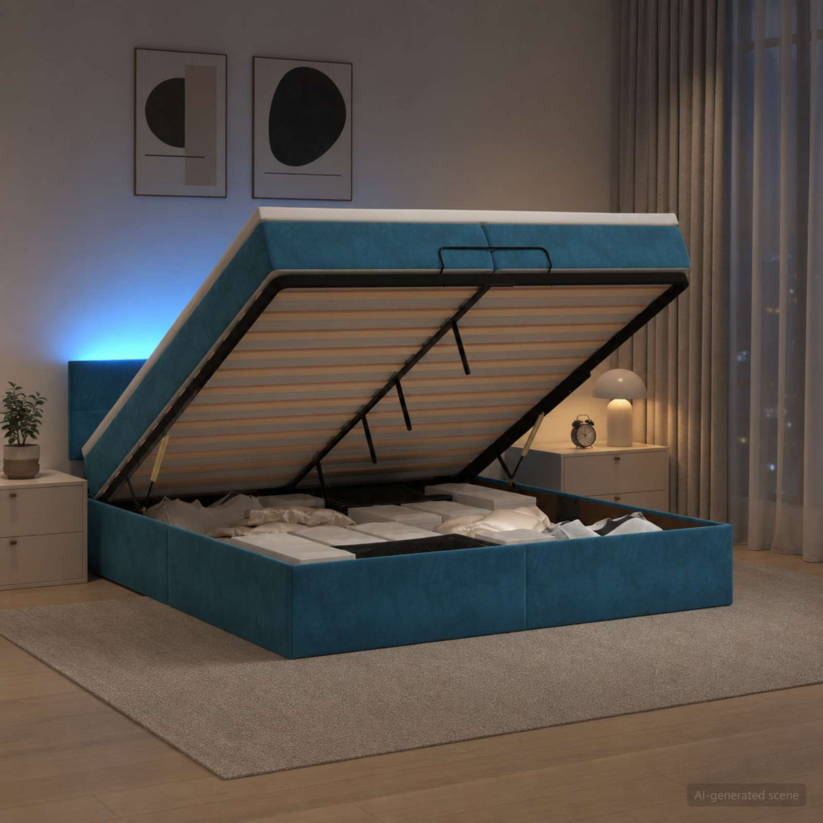Letto Ottomano con Materasso e LED Blu scuro 200 x 200 cm | homemem39