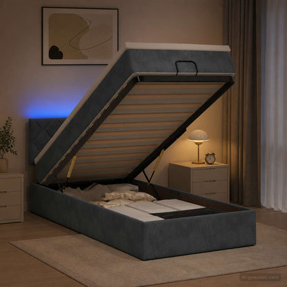 Letto Ottomano con Materasso e LED Grigio Scuro 90 x 190 cm