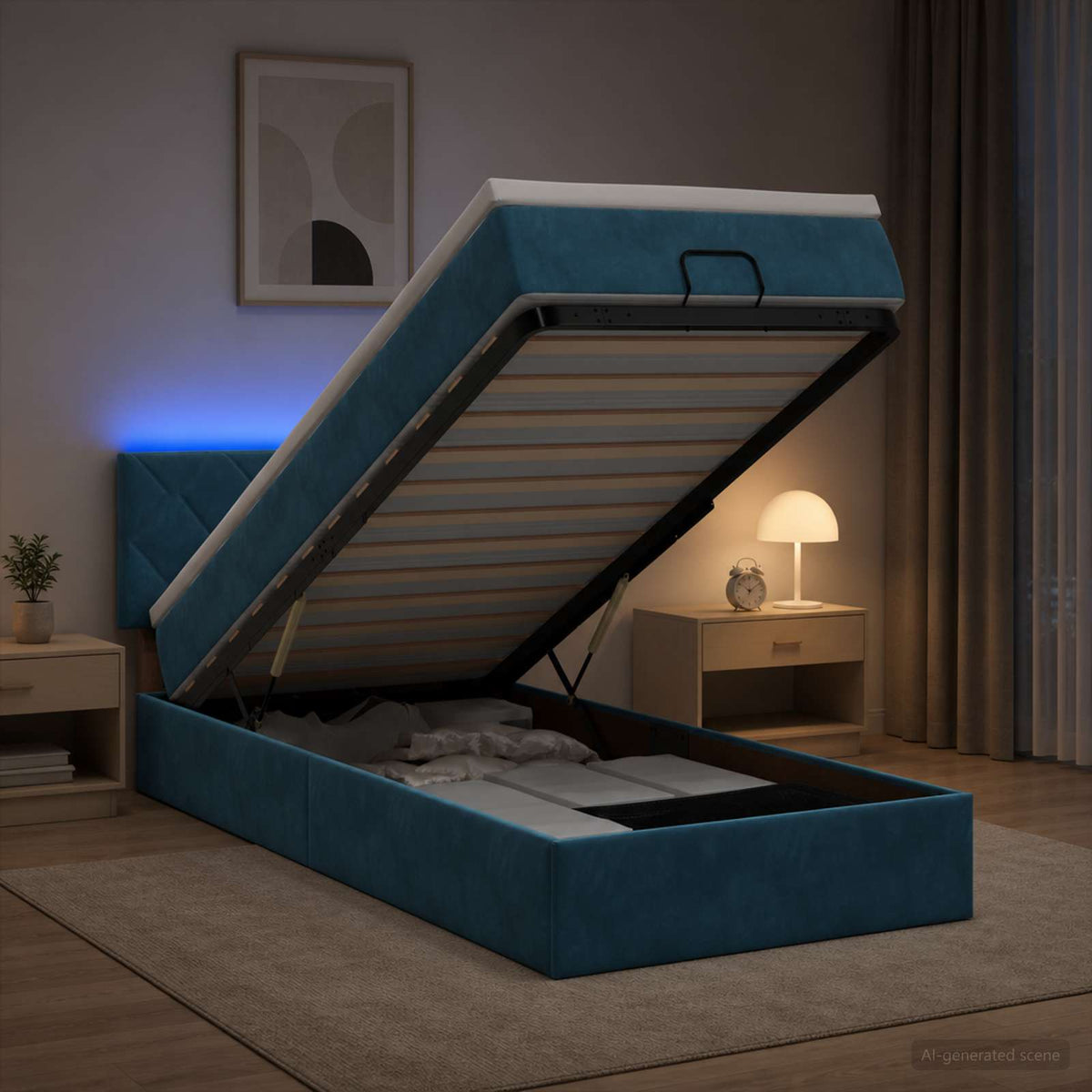 Letto Ottomano con Materasso e LED Blu scuro 90 x 190 cm