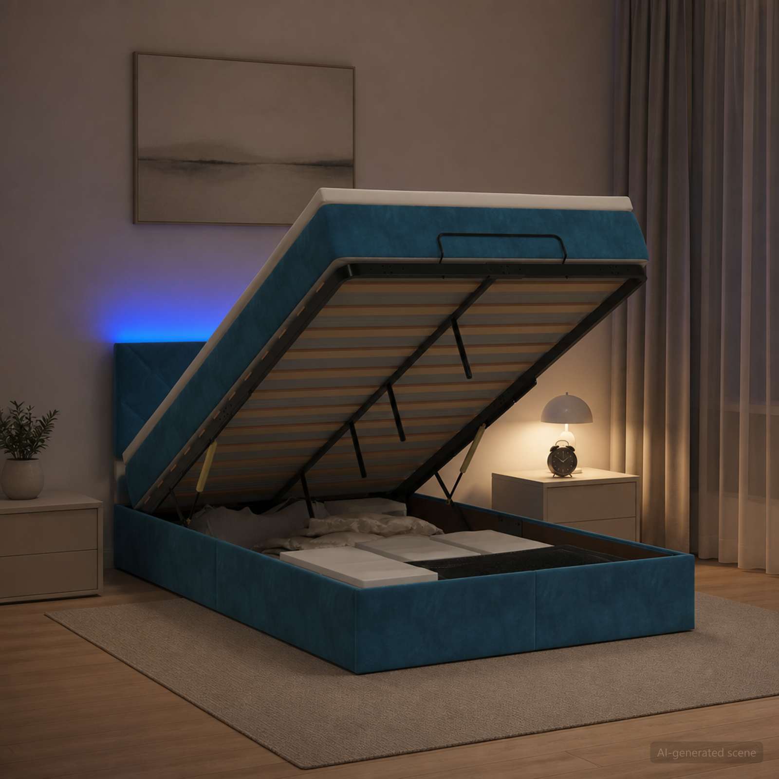 Letto Ottomano con Materasso e LED Blu scuro 120 x 200 cm | homemem39