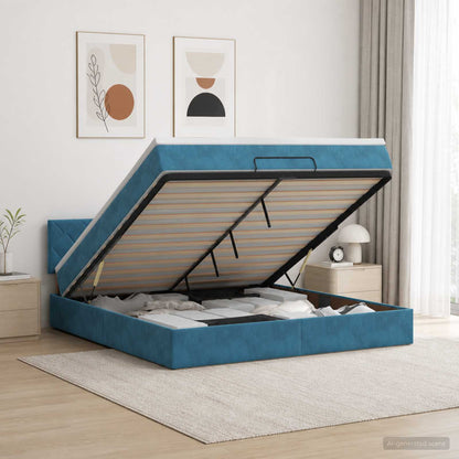 Letto ottomano con materasso Blu Scuro 140 x 190 cm Velluto | homemem39