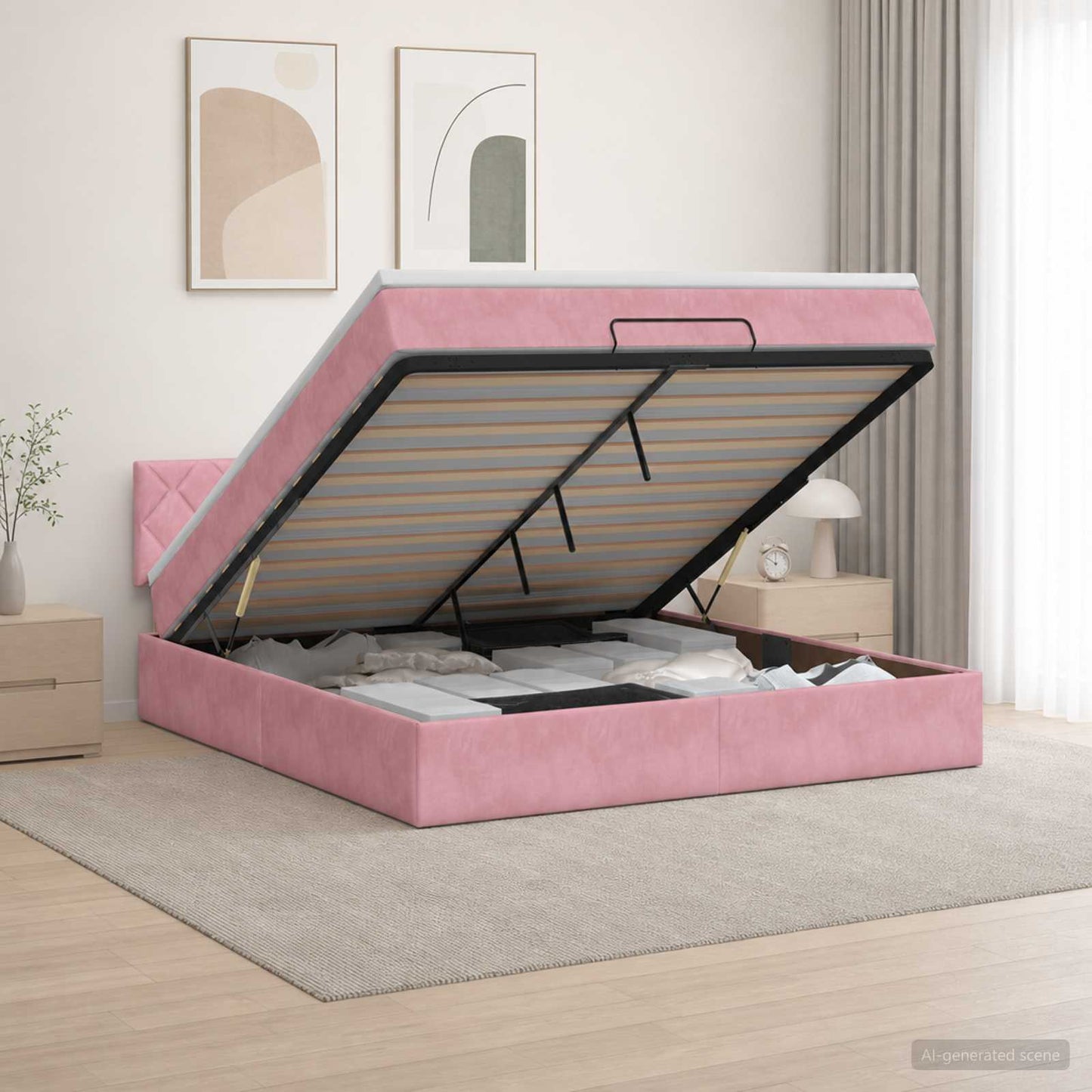 Letto Ottomano con Materasso e LED Rosa 160 x 200 cm Velluto