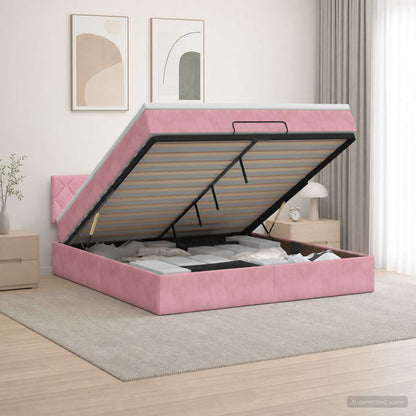 Letto Ottomano con Materasso e LED Rosa 160 x 200 cm Velluto
