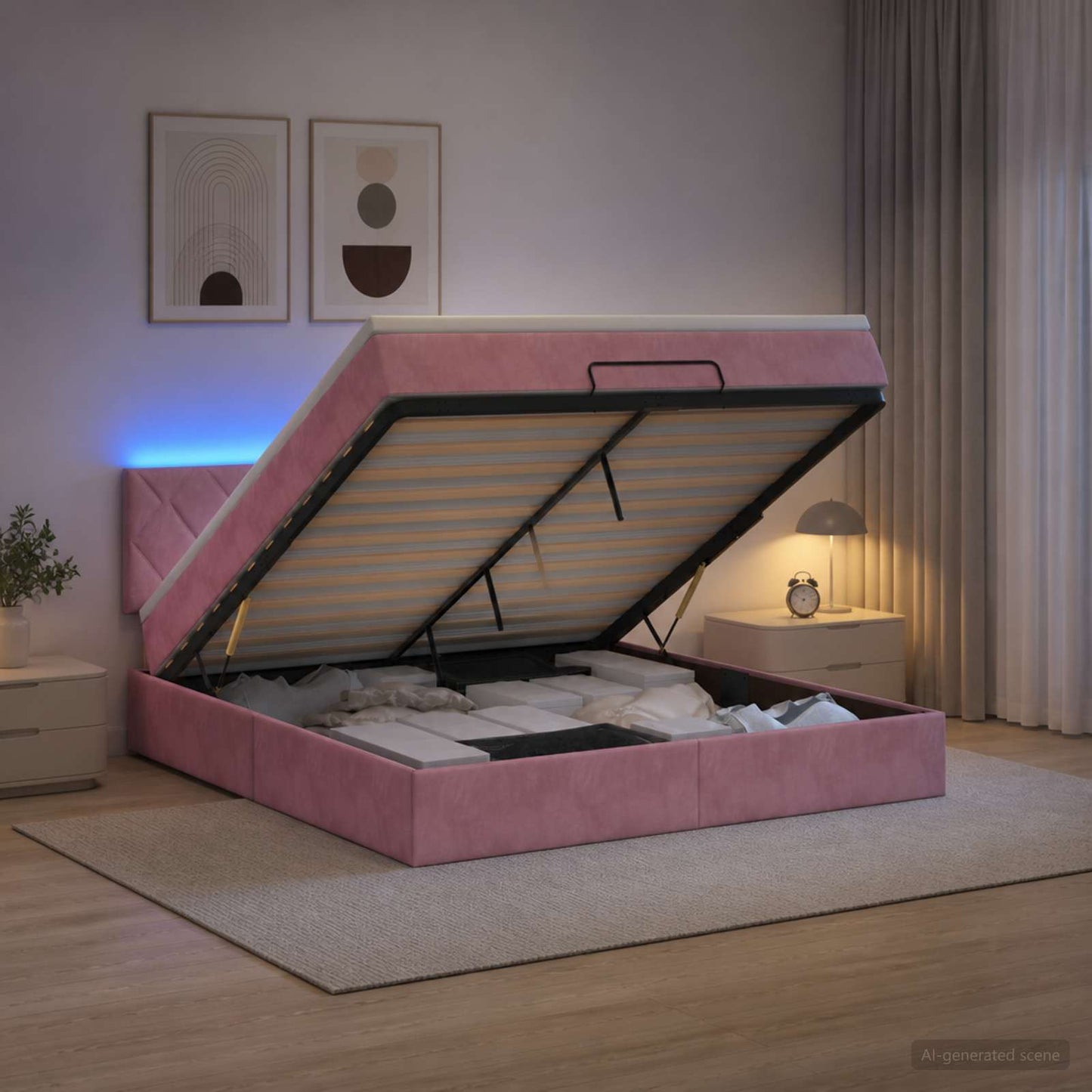Letto Ottomano con Materasso e LED Rosa 160 x 200 cm Velluto | homemem39
