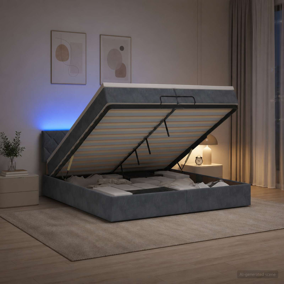 Letto Ottomano con Materasso e LED Grigio Scuro 200 x 200 cm