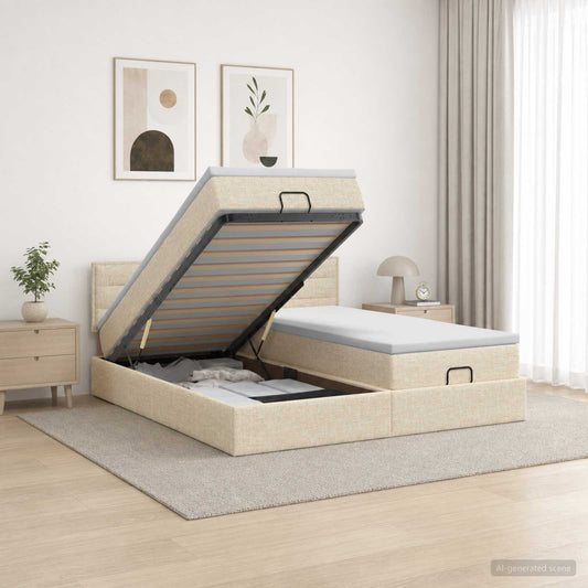Letto ottomano con materasso con testiera 2 pcs Crema Tessuto