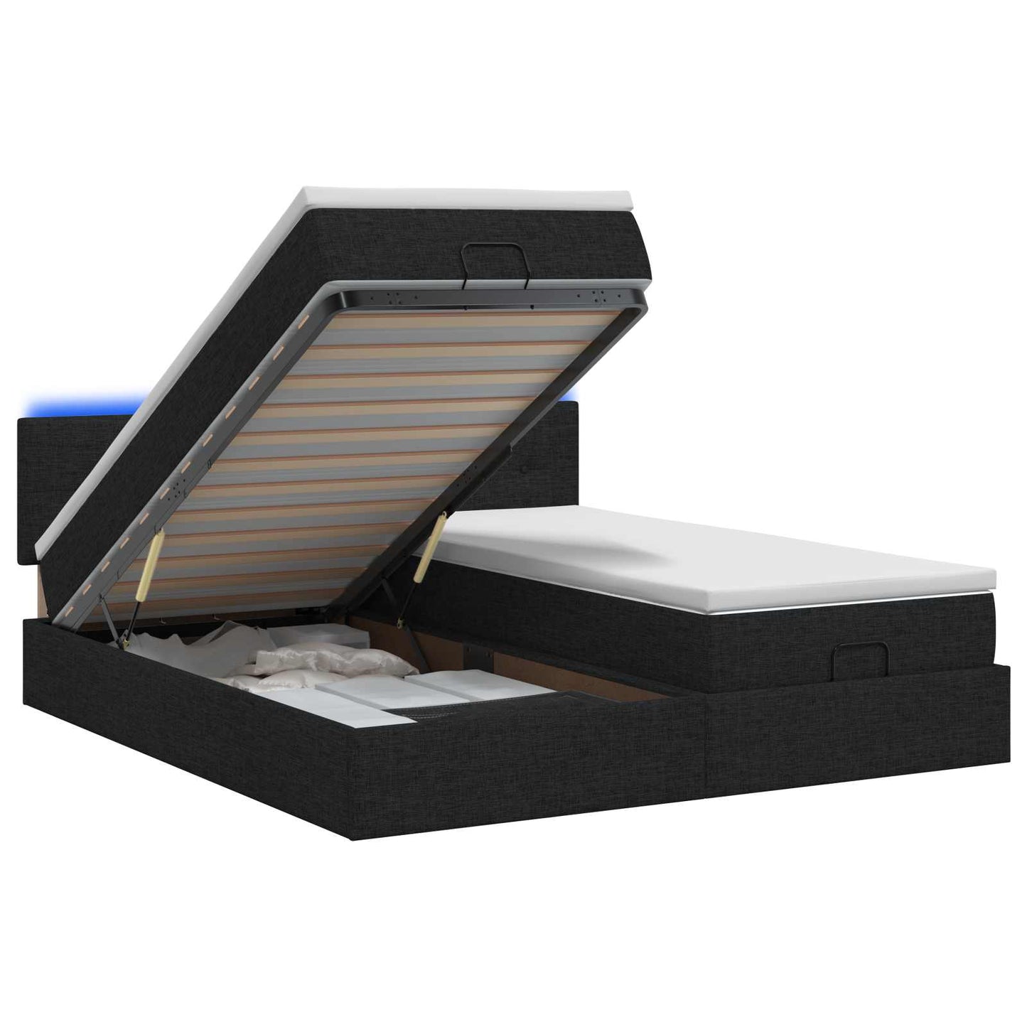 Letto Ottomano con Materasso e LED Nero 160 x 200 cm Tessuto