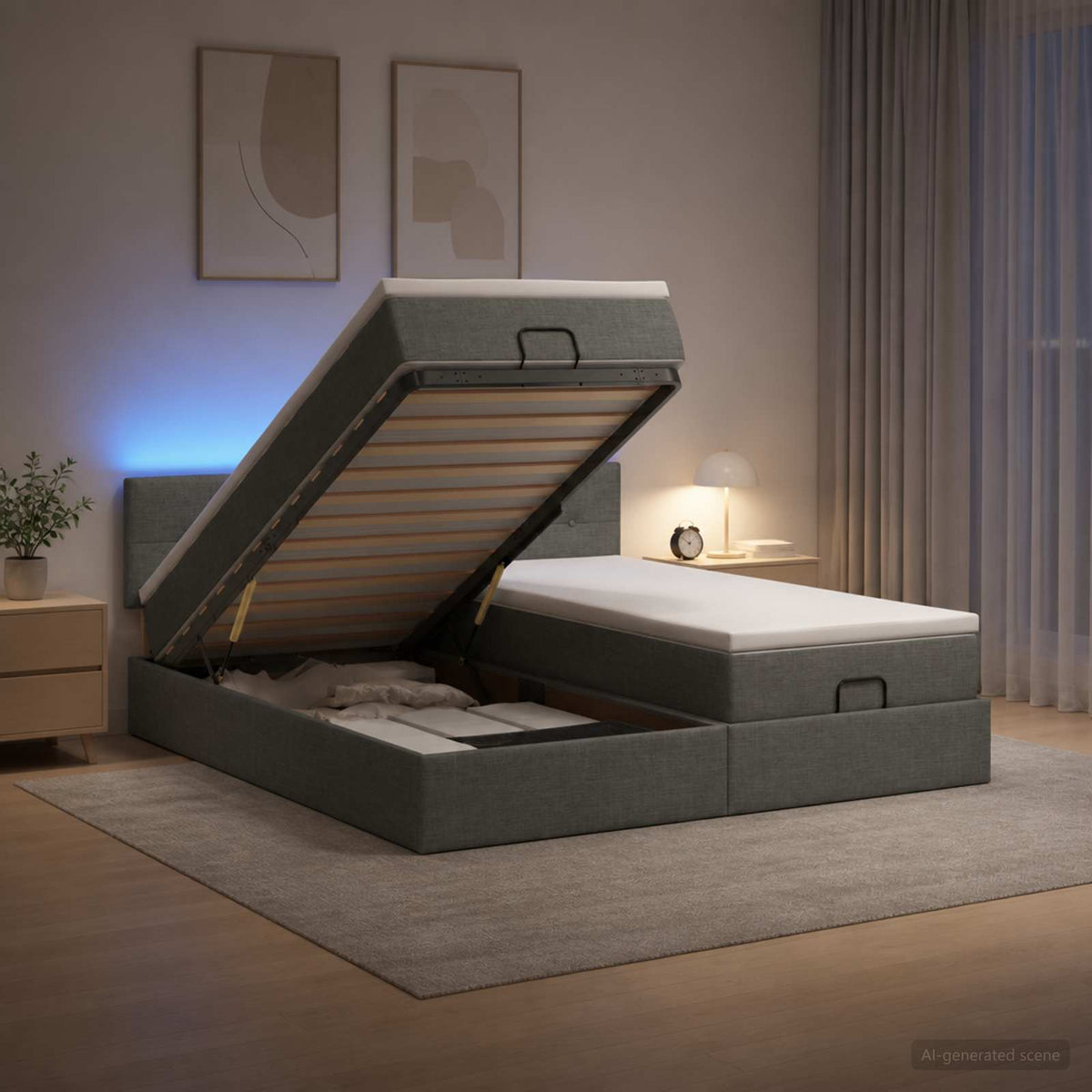 Letto Ottomano con Materasso e LED Grigio Scuro 160 x 200 cm | homemem39