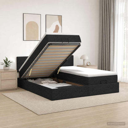 Letto Ottomano con Materasso e LED Nero 160 x 200 cm Tessuto
