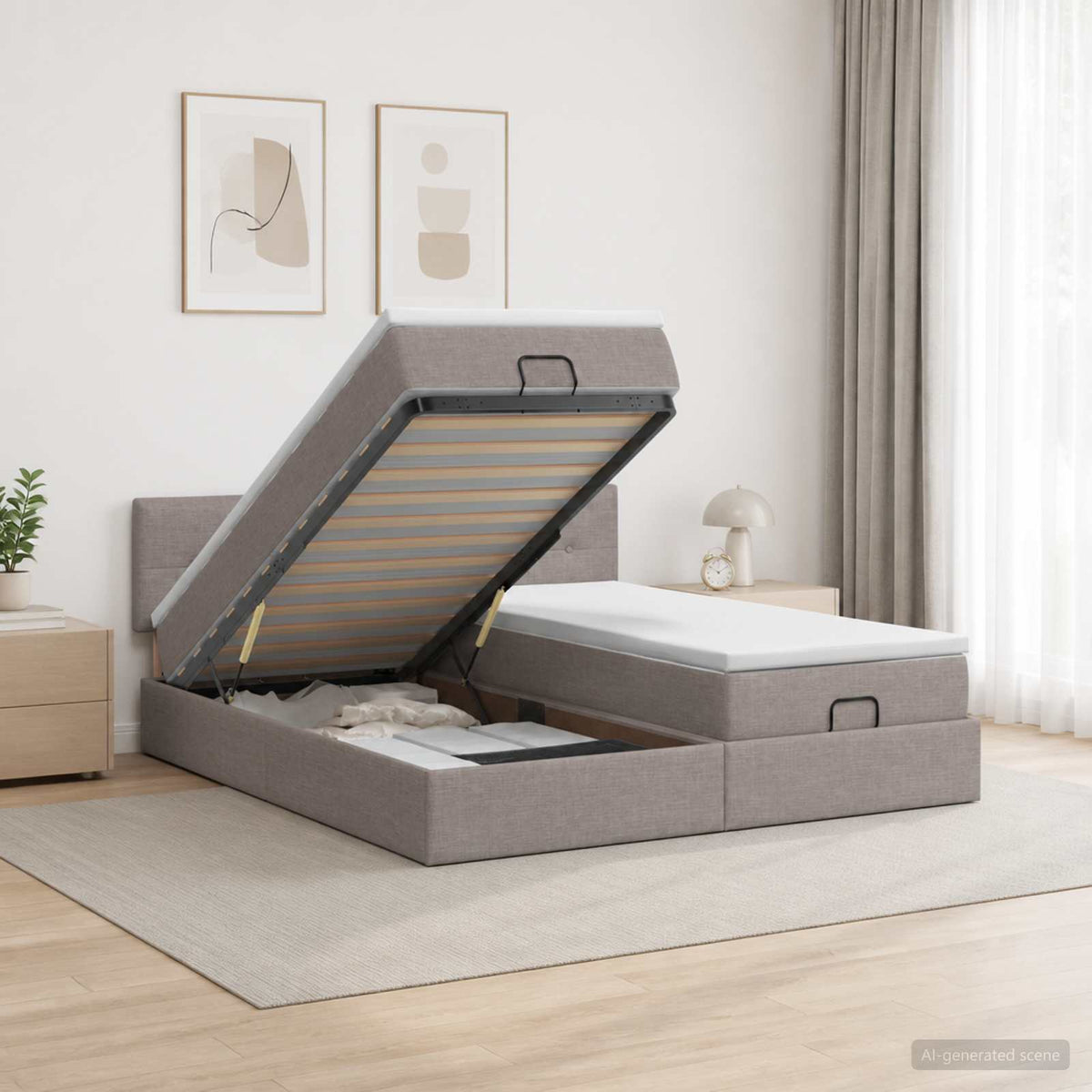Letto Ottomano con Materasso e LED Tortora 160 x 200 cm Tessuto | homemem39