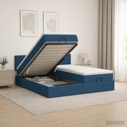 Letto Ottomano con Materasso e LED Blu 160 x 200 cm Tessuto