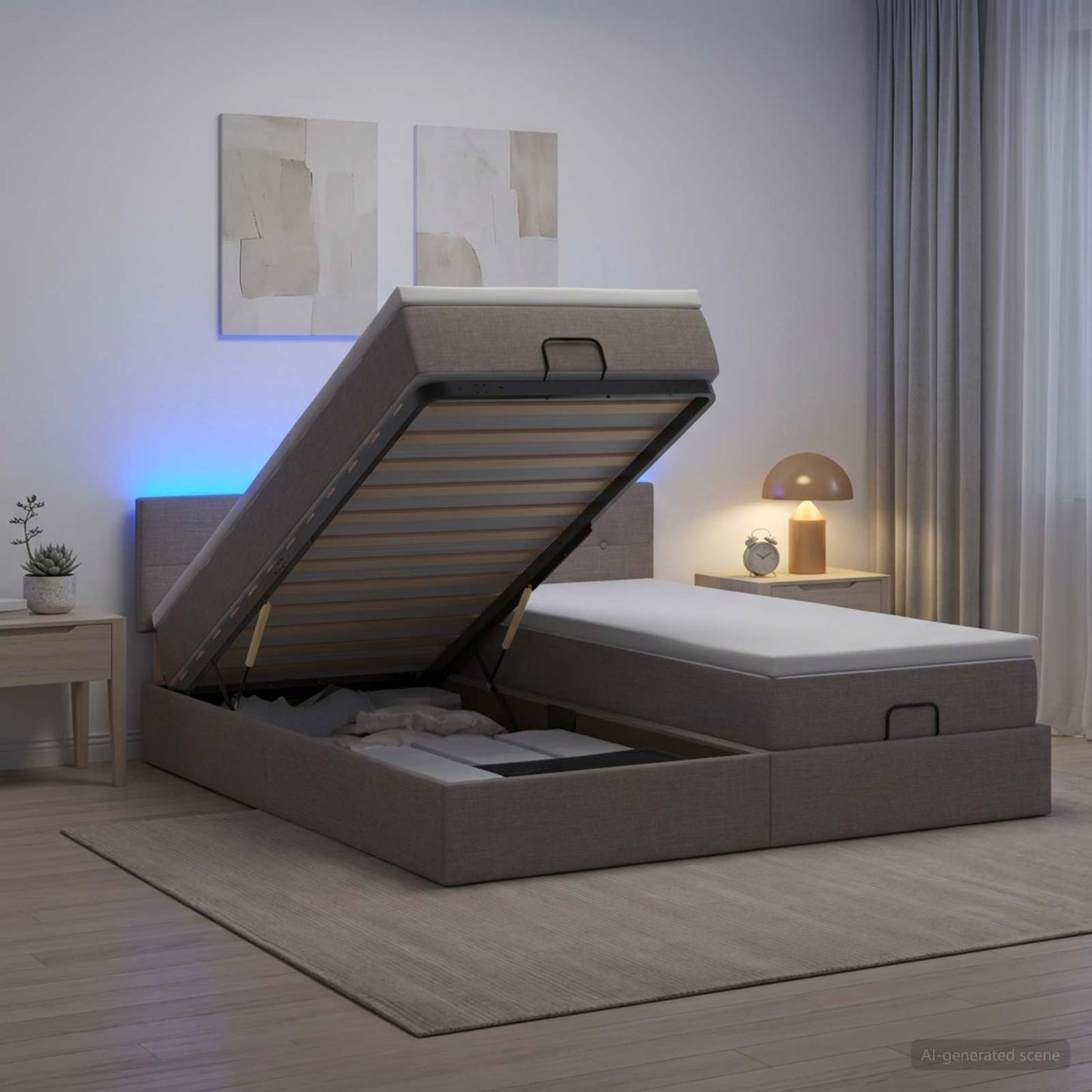 Letto Ottomano con Materasso e LED Tortora 200 x 200 cm Tessuto | homemem39
