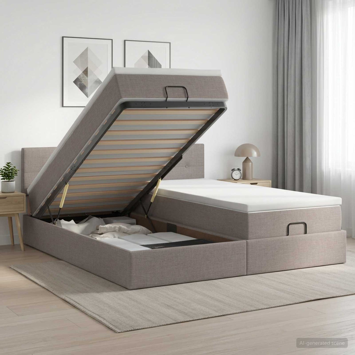 Letto Ottomano con Materasso e LED Tortora 200 x 200 cm Tessuto | homemem39