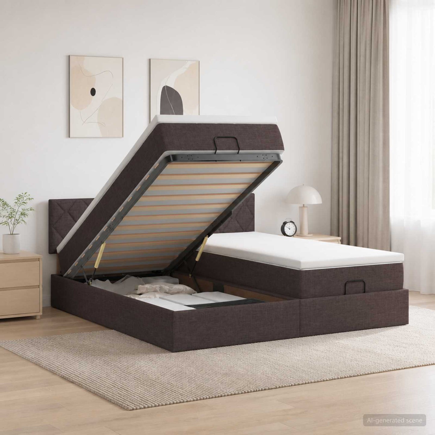 Letto ottomano con materasso 2 pz Marrone Scuro Tessuto