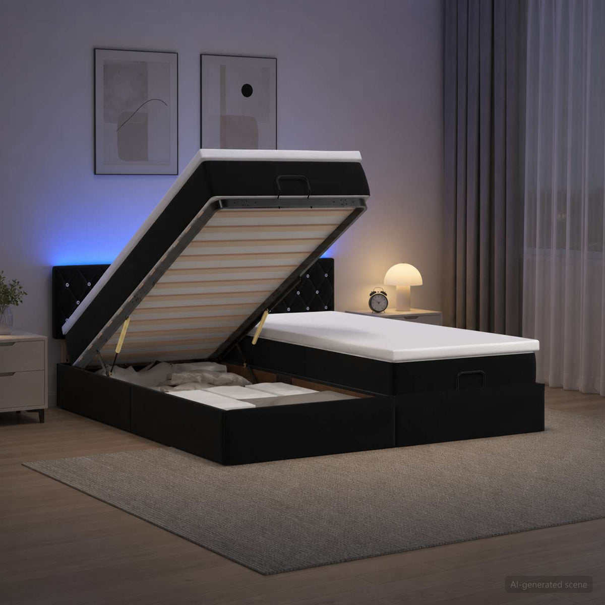 Letto Ottomano con Materasso e LED Nero 180 x 200 cm Velluto | homemem39