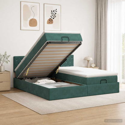 Letto Ottomano con Materasso e LED Verde Scuro 200 x 200 cm