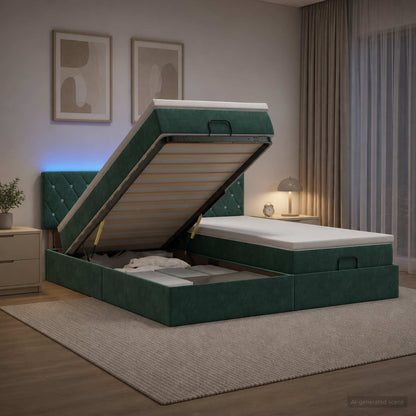 Letto Ottomano con Materasso e LED Verde Scuro 200 x 200 cm