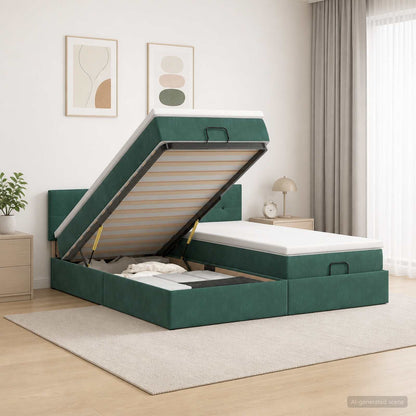 Letto Ottomano con Materasso e LED Verde Scuro 200 x 200 cm