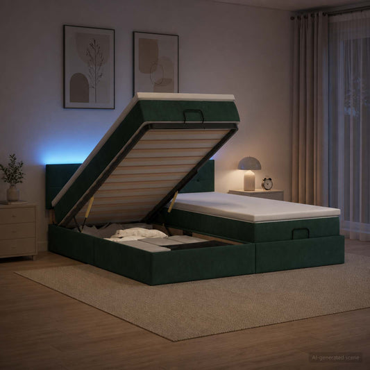 Letto Ottomano con Materasso e LED Verde Scuro 200 x 200 cm - homemem39
