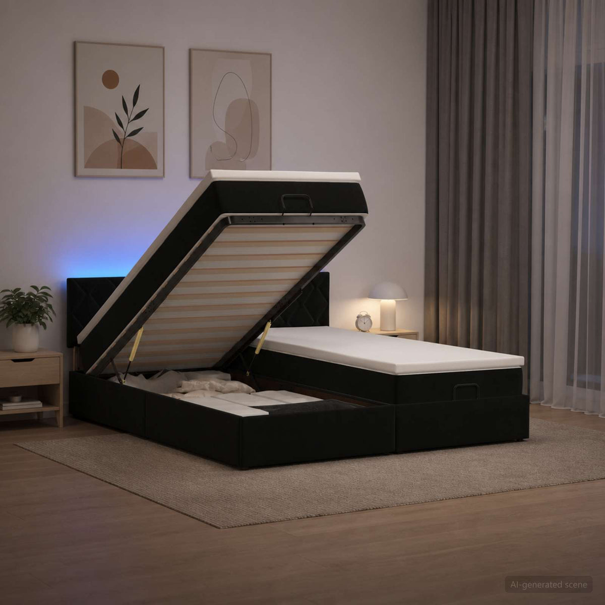 Letto Ottomano con Materasso e LED Nero 180 x 200 cm Velluto | homemem39