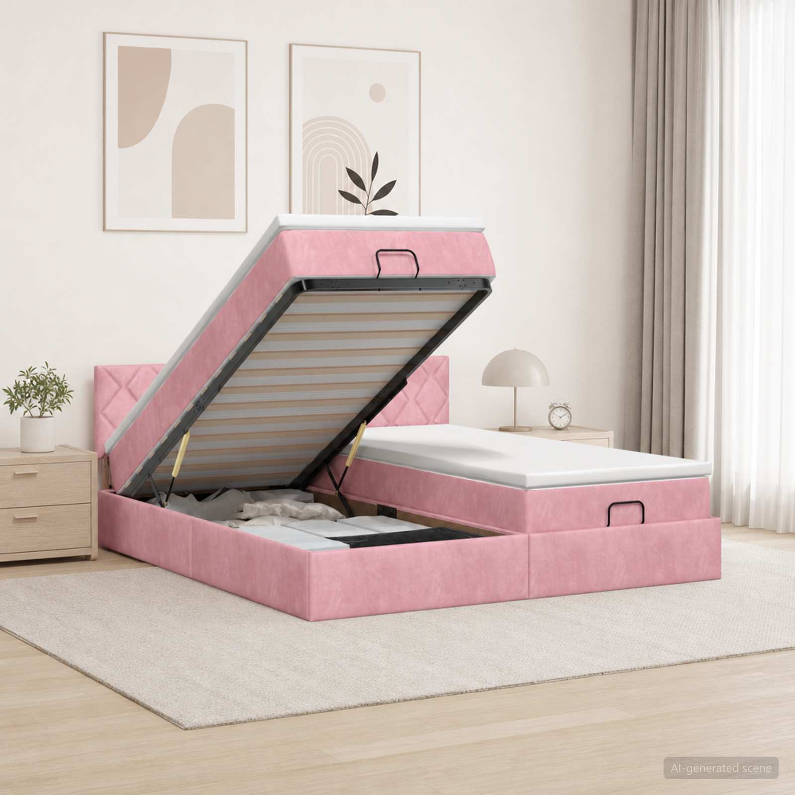 Letto Ottomano con Materasso e LED Rosa 160 x 200 cm Velluto | homemem39