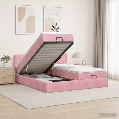 Letto Ottomano con Materasso e LED Rosa 160 x 200 cm Velluto | homemem39