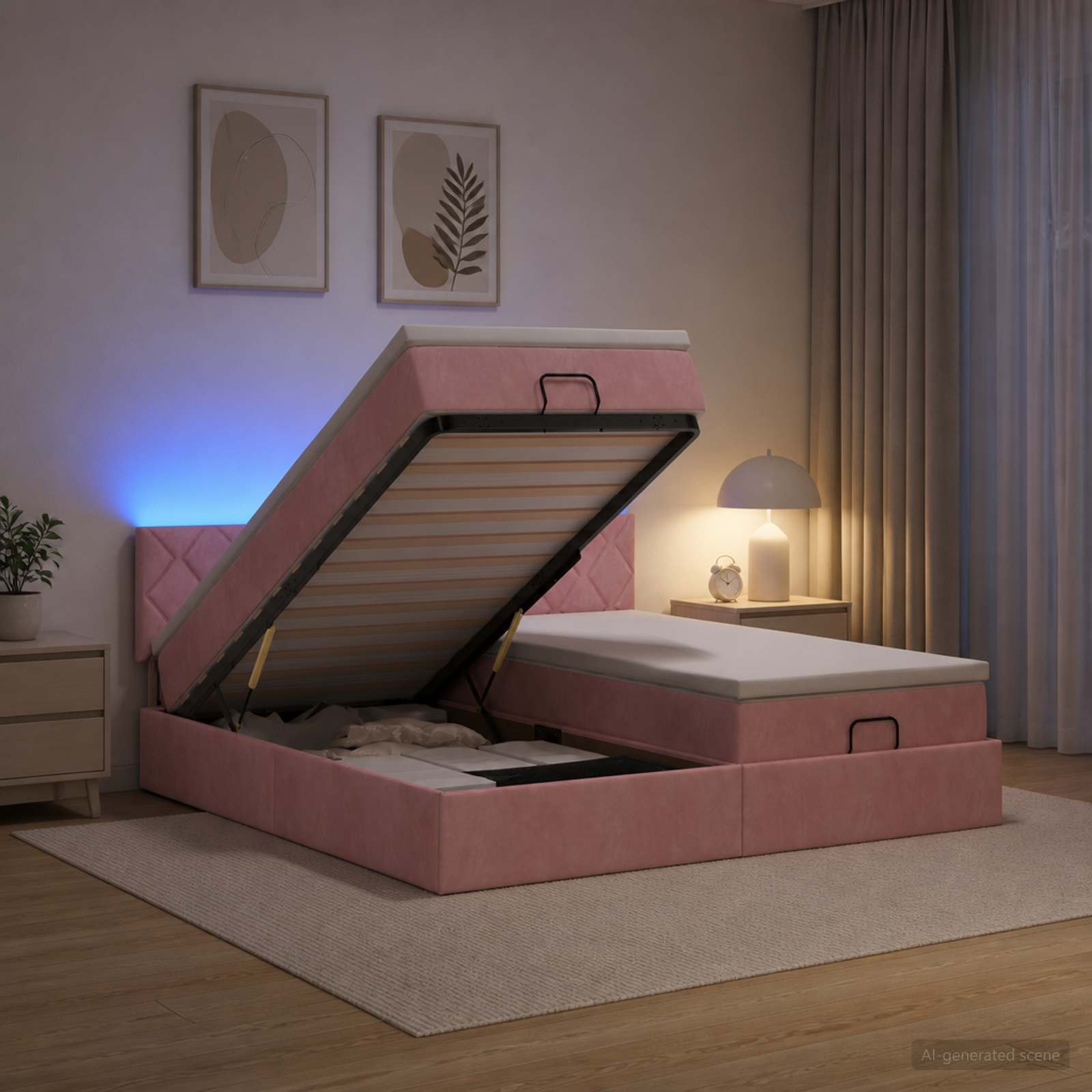Letto Ottomano con Materasso e LED Rosa 160 x 200 cm Velluto | homemem39