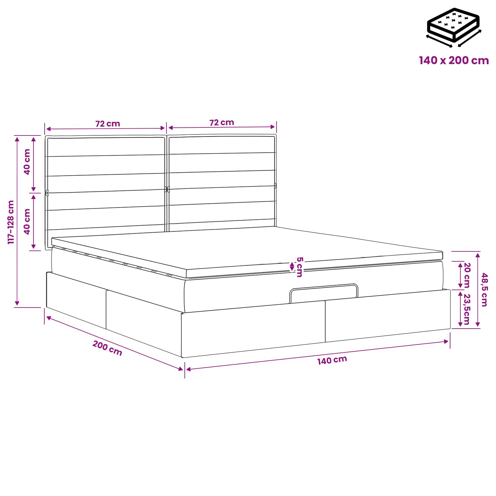 Letto ottomano con materasso Tortora 140 x 200 cm Tessuto | homemem39