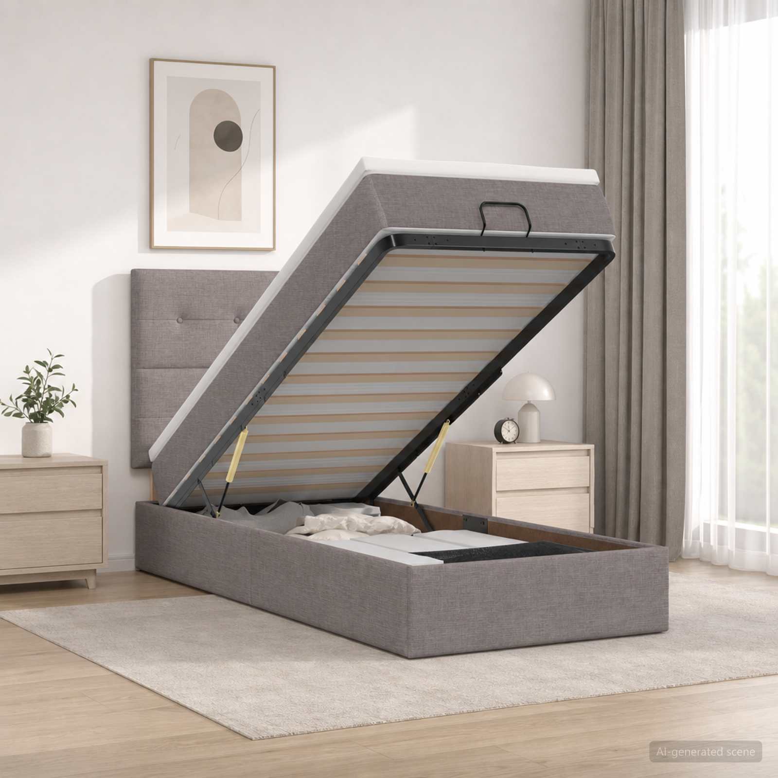 Letto Ottomano con Materasso e LED Tortora 100 x 200 cm Tessuto | homemem39