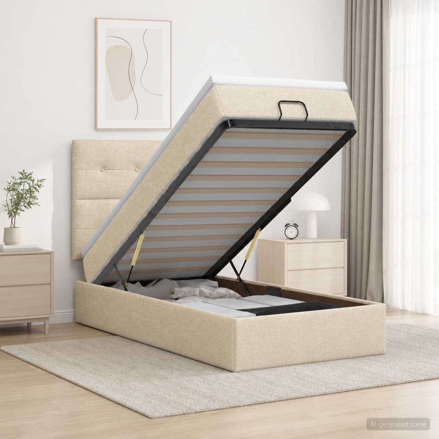 Letto Ottomano con Materasso e LED Crema 90 x 200 cm Tessuto