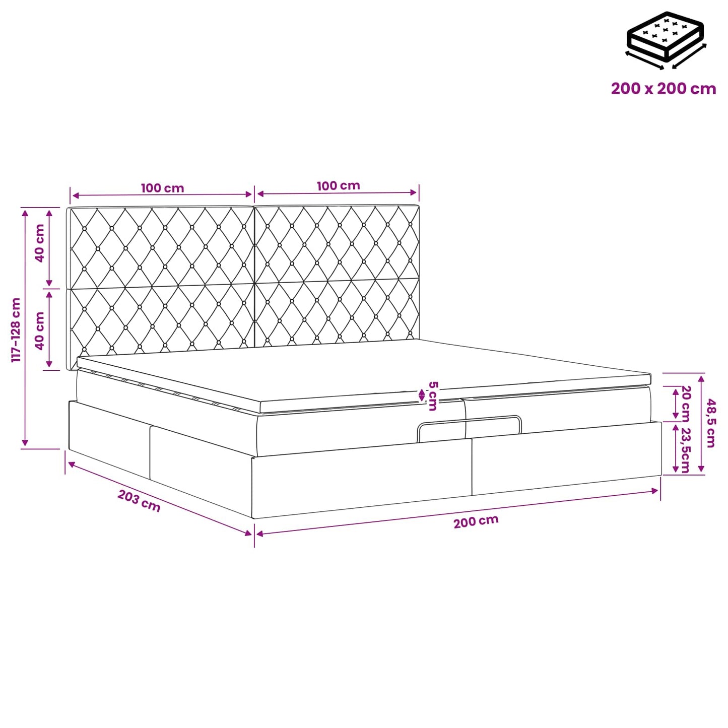 Letto ottomano con materasso Grigio Chiaro 200 x 200 cm Velluto | homemem39